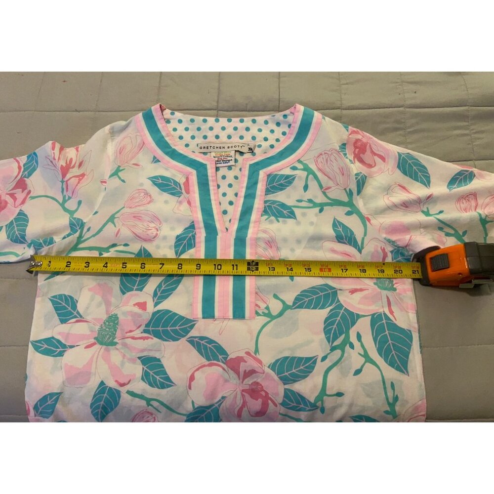 Gretchen Scott Women’s SZ M Tunic Top Pink Green Floral V Neck 3/4 Sleeve Cotton - Picture 3 of 12